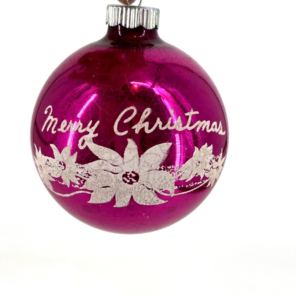 Vintage Shiny Brite "MERRY CHRISTMAS" Poinsettia Stenciled Ornament*3.75"H*